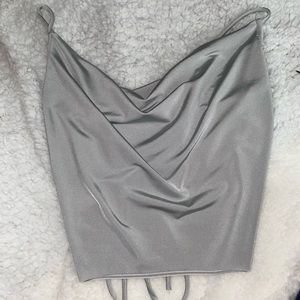 Shiny cowl neck tie-back cropped top